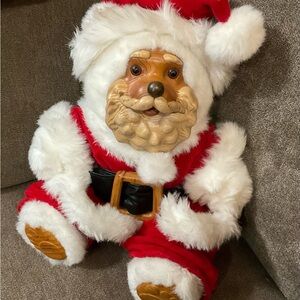 Robert Raikes: Wooden ( hand curved) Santa clause bear with Santa suit vintage